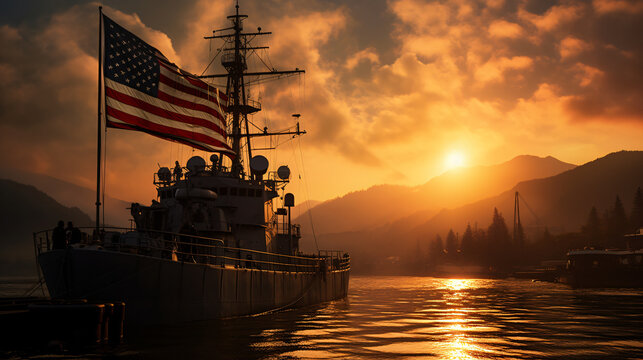 patriotic sunrise and the American flag in silhouette landscape. Generative AI