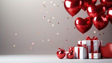 Red heart-shaped balloons with gifts wrapped in white and red, symbolizing celebration and love