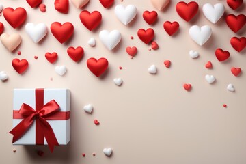 A top-down view of a white gift box with a red ribbon amidst an array of white and red hearts scattered across a light background, suggesting celebration and giving - Powered by Adobe