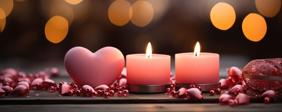 Lit candles and a heart-shaped ornament create a romantic ambiance, with soft focus lights in the background suggesting a warm, intimate setting.