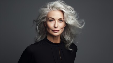 Fototapeta premium Beautiful aged woman with gray hair on a gray background.