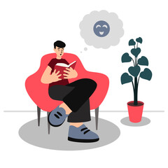 Guy reading book laughing sitting on couch indoors isolated vector