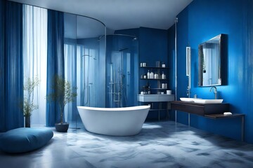 Modern luxury bathroom blue interior. No brandnames or copyright objects