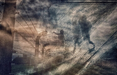 Auschwitz: Camp of death. Ghosts of tortured prisoners of the Auschwitz concentration camp. Silhouettes of old men, women, and children were tortured and murdered in the concentration camp.