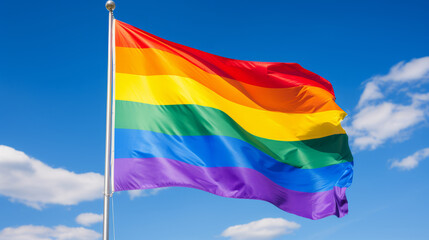 A rainbow flag, LGBTQ+ waving proudly, blue sky
