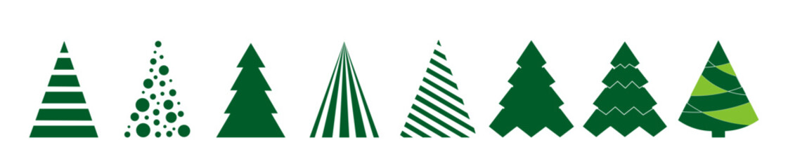Green Christmas tree icon on a white background. Pine tree, Christmas tree, Christmas tree in different shapes and structures icon collection eps10