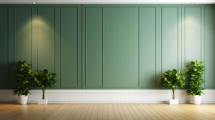 Elegant empty room with green tall walls. Frame wall molding decorating. Wooden floor. Copy space. Generative AI - obrazy, fototapety, plakaty