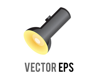 A grey and black flashlight device icon with switch button, as used when power goes out, camping or telling scary stories of light and lighting, spotlight
