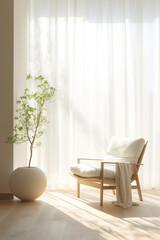 Minimalist Living Room Interior with White Sheer Curtains and Armchair