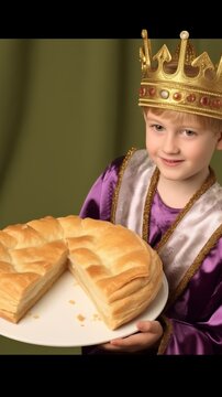 Portrait of a child wearing masquerade disguise costume with a king or prince golden crown, vertical French galette des rois kings cake holiday celebration illustration banner, traditional festive day