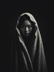 illustrazione di volto di donna avvolto in tessuti, bianco e nero