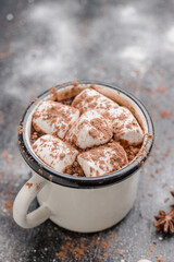 Homemade spicy hot chocolate drink with white marshmallows in enamel cup on wooden table