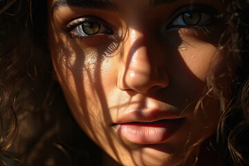 Extreme close up portrait of a beautiful woman with striking eyes and pouty lips interplay of light shadow pattern on the face.