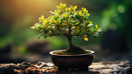 Small bonsai tree in a dark pot on green natural background with sun shine. Generative AI
