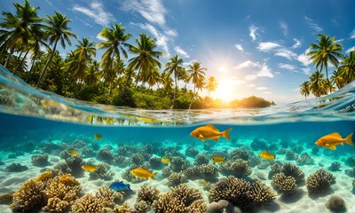 Underwater magic: Split view of sunlit sea and vibrant underwater scene