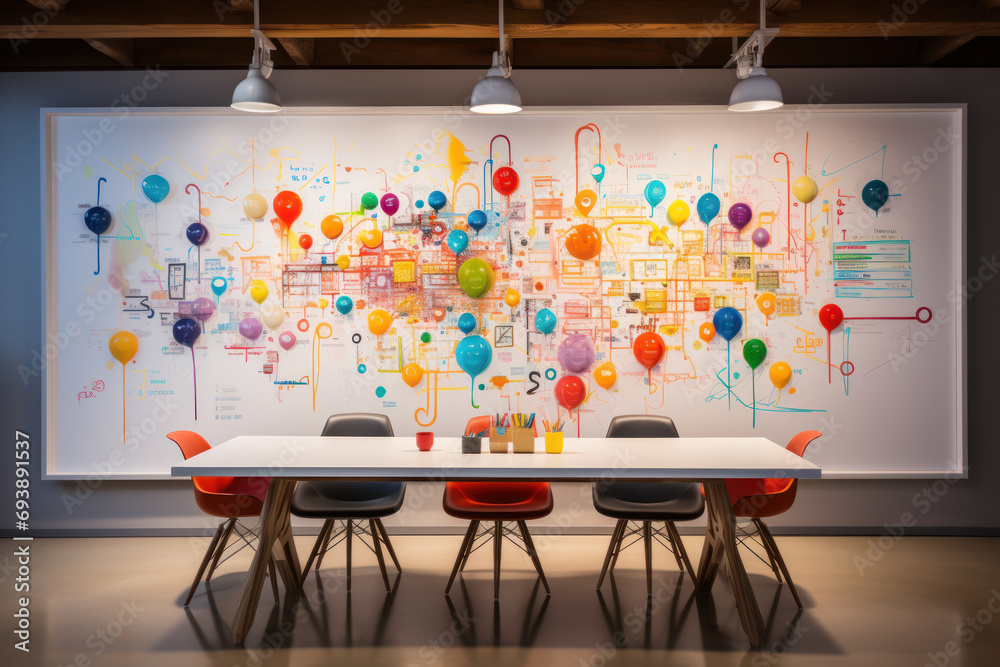Poster an empty whiteboard filled with colorful markers and scattered paper, reflecting the aftermath of a 