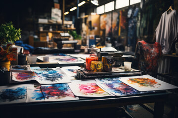 A screen printing studio with ink-stained surfaces and discarded design ideas, symbolizing the hands-on creativity of artistic brainstorming. Generative Ai. - obrazy, fototapety, plakaty