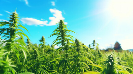 Fototapeta na wymiar Close up of cannabis sativa plant on a field, sunny day. Industrial medical marijuana concept. Generative AI
