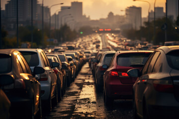 A traffic jam with cars stuck in gridlock, representing the challenges of urban congestion and...