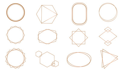 Golden geometric frames. Geometric polyhedron , Set Thin Line Frames, art deco style.