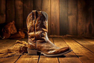 Cowboy boot on wooden floor - obrazy, fototapety, plakaty