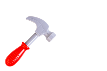 Hammer, a toy plastic hammer with a red handle, a children's tool. Transparent background. PNG.
