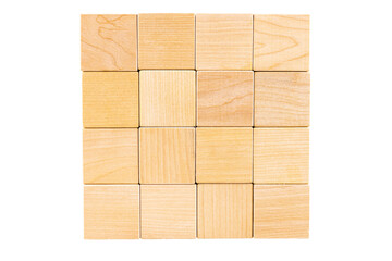 Wall, empty background of sixteen wooden cubes. Transparent background. PNG. copy space.