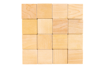 Wall, empty background of sixteen wooden cubes. Transparent background. PNG. copy space.