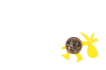 Coin, one US dollar, goes, carries a burden, a bag for things, gifts. A crisis. Transparent isolated background. PNG.