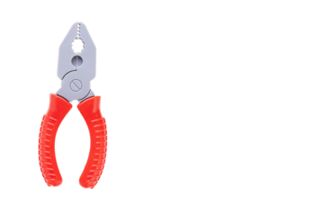Pliers, toy plastic pliers, red handle pliers, children's tool. Transparent background. PNG.
