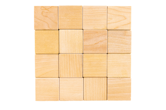 Wall, empty background of sixteen wooden cubes. Transparent background. PNG. copy space.