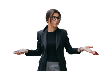 Brunette businesswoman in black suit holds phone and credit card looks aside with puzzled face against transparent background, makes decision about loan for business project.