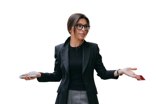 Brunette businesswoman in black suit holds phone and credit card looks aside with puzzled face against transparent background, makes decision about loan for business project.
