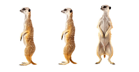 the meerkat in different positions looking like human on the white background - obrazy, fototapety, plakaty