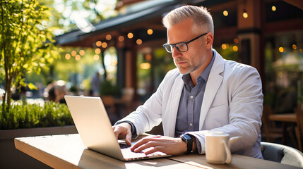 Professional Man Working on Laptop at Outdoor Cafe with Warm Ambient Light and Greenery