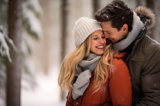 Lovely young hipster couple hugging each other in winter forest