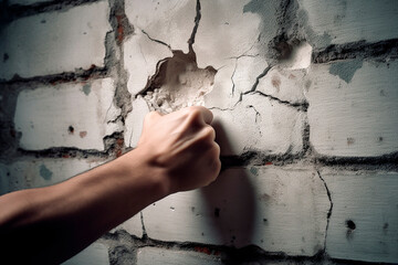 power of man, fist punches, smashes through wall - obrazy, fototapety, plakaty