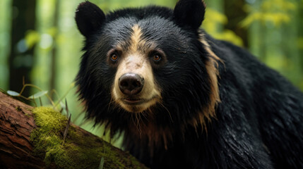 Close up, wild sloth bear, Melursus ursinus, in the forest. Sloth bear staring directly at camera, wildlife photo
