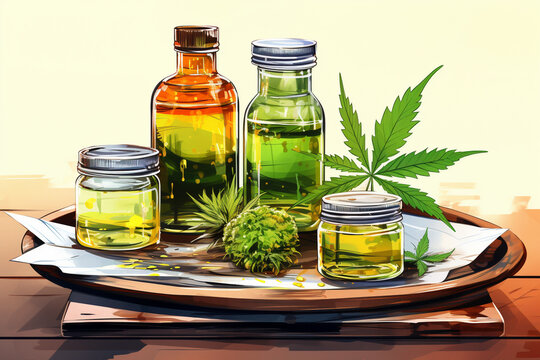 Cannabis oil in glass bottles on a wooden table with marijuana leaves, Generative Ai