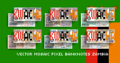 Vector set of pixel mosaic banknotes of Zambia. Collection of notes in denominations of 2, 5, 10, 20, 50 and 100 kwacha. Obverse and reverse. Play money or flyers. - obrazy, fototapety, plakaty