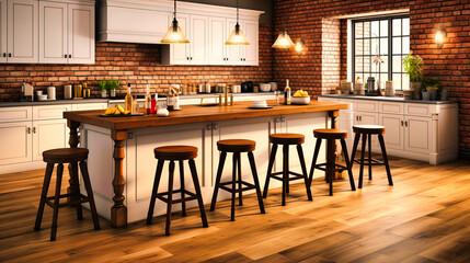 Modern Kitchen with Island and Industrial Bar Stools,