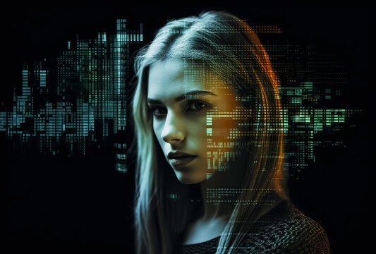 young blonde woman with determined look in cyber space