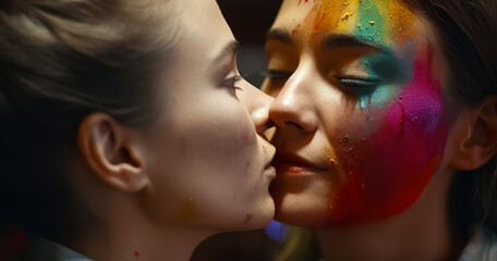 young lesbian couple kissing, one of them with the rainbow flag painted on her face, ai generative - obrazy, fototapety, plakaty