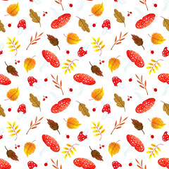 seamless pattern of autumn leaves, fly agarics and berries on a white background