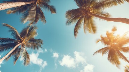 Blue sky and palm trees view from below, vintage style, tropical beach and summer background, travel concept Generative Ai