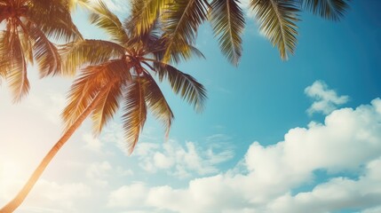 Blue sky and palm trees view from below, vintage style, tropical beach and summer background, travel concept Generative Ai