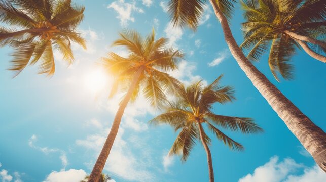 Blue sky and palm trees view from below, vintage style, tropical beach and summer background, travel concept Generative Ai
