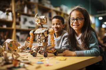 children assembles and programs the robot in the classroom