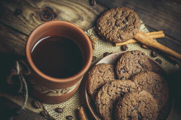 New Year's sweets with coffee and mulled wine, chocolate cookies and hot drinks on New Year's Eve