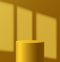 Light podium with shadow from window on wall. Abstract empty room with yellow color cylinder stand pedestal.  stage for showcase, display presentation. Studio room concept